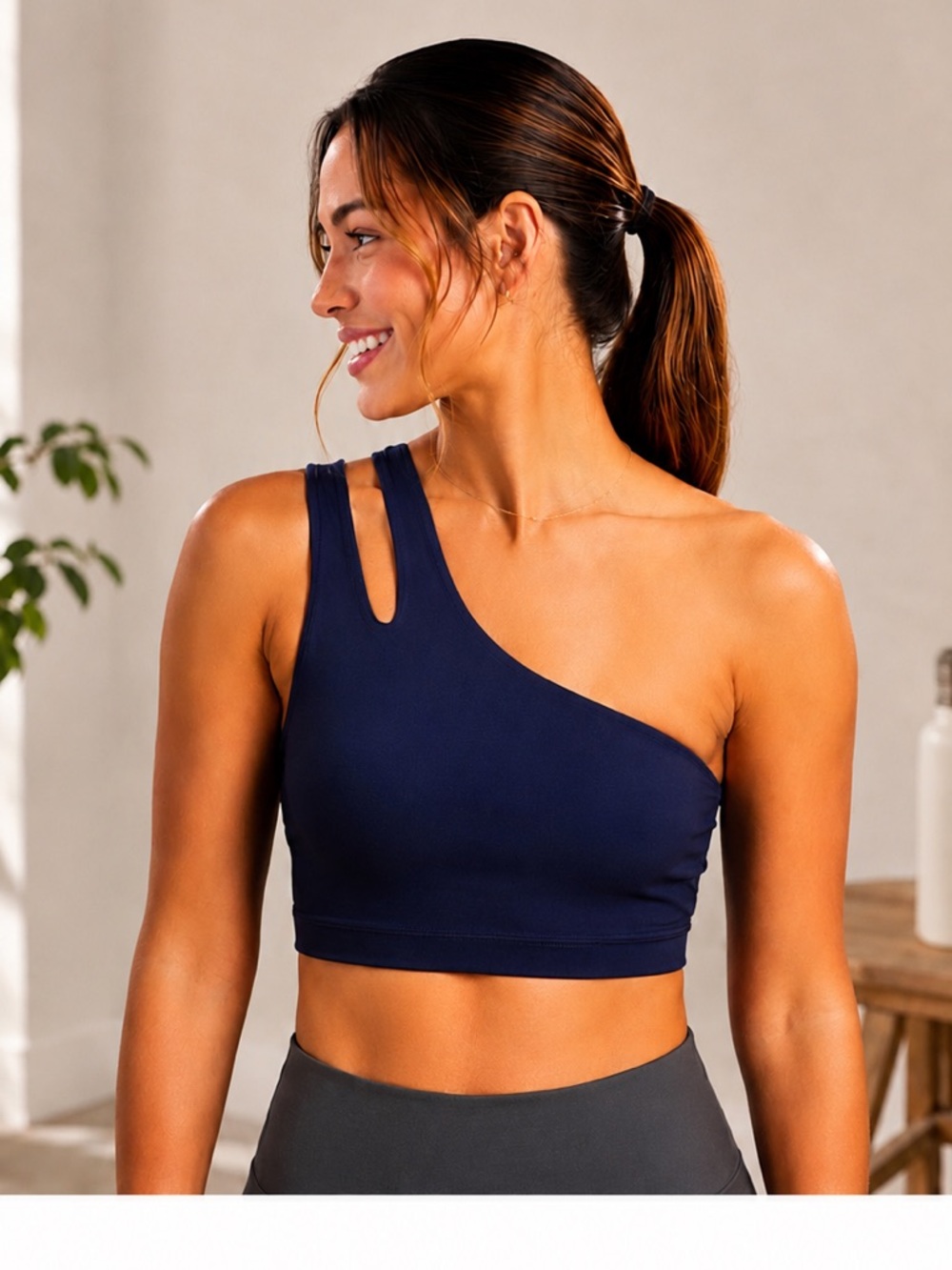 Fabletics One Shoulder Sports Bra Navy Blue Strappy Midi XL NWT
